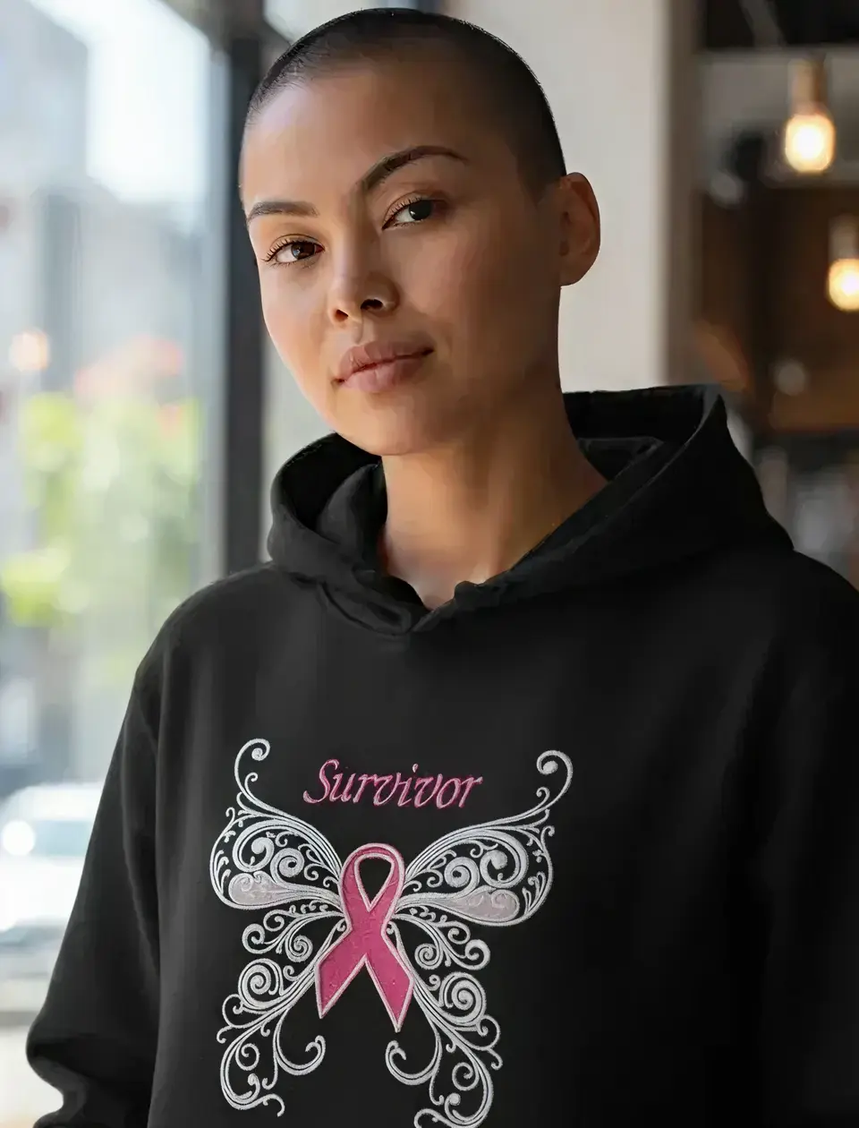 Confident woman in black survivor sweatshirt