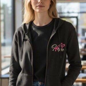 Person wearing black "Hope" hoodie indoors.