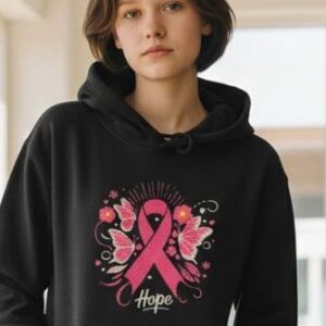 Person wearing hoodie with pink ribbon design.