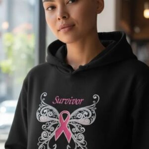 Person wearing a "Survivor" hoodie indoors.