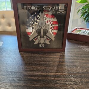 Framed USAF emblem with American flag background.