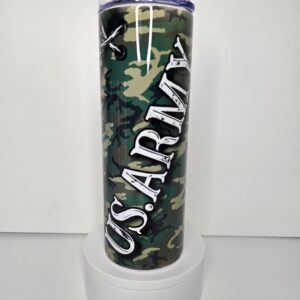 Camouflage tumbler with "U.S. Army" text.