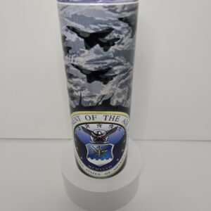 Air Force tumbler with fighter jet design.