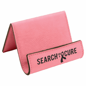 Pink card holder with "Search for a Cure.