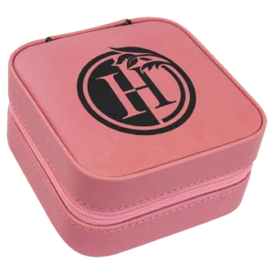Pink square case with black logo.