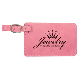 Pink leather tag with jewelry logo.