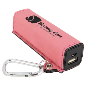 Pink portable charger with carabiner clip.