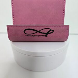 Pink cardholder with infinity symbol design.
