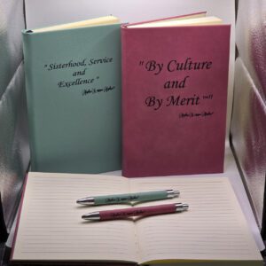 Pink and teal journals with pens, open notebook